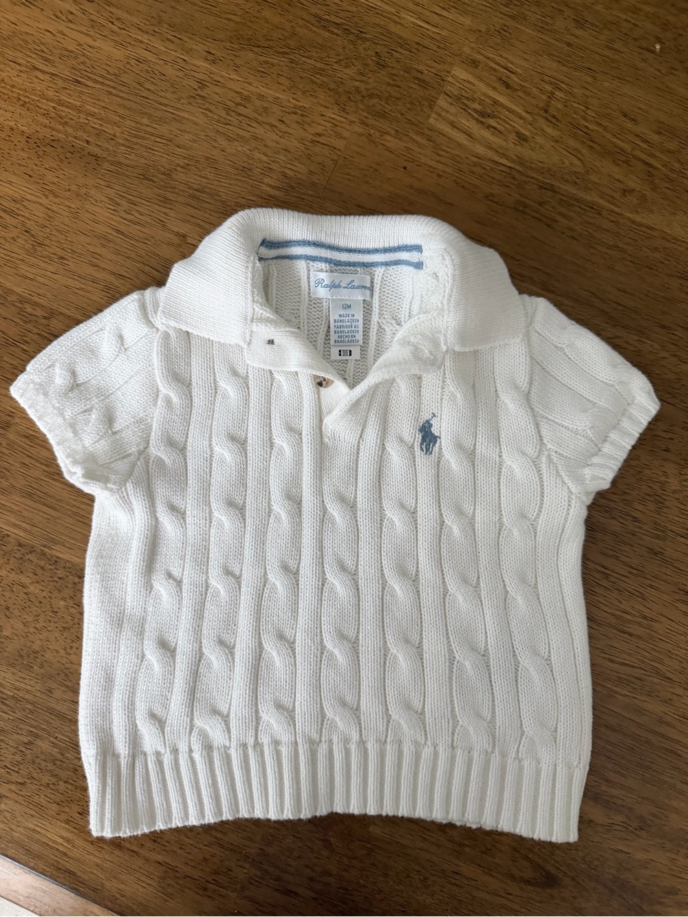 Ralph Lauren White Cable-Knit Polo Top with Light Blue Pony